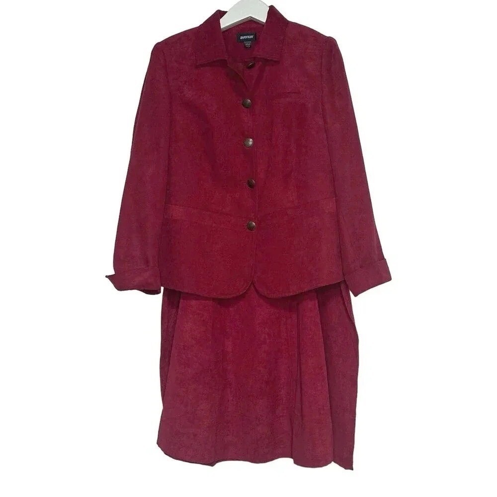 Avenue Skirt Suit‎ 18/20 Burgundy Faux Suede Button Blazer Midi Skirt 2pc Set
